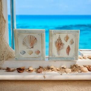 Ocean Inspired Beach Canvas Sand Dollar Conch Shell Wall‎ Art Decor Set NWT